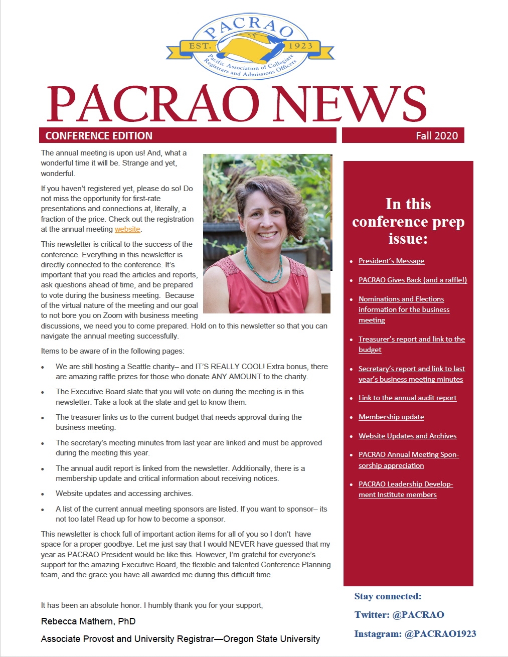 screen shot of front page of the Fall 2020 newsletter